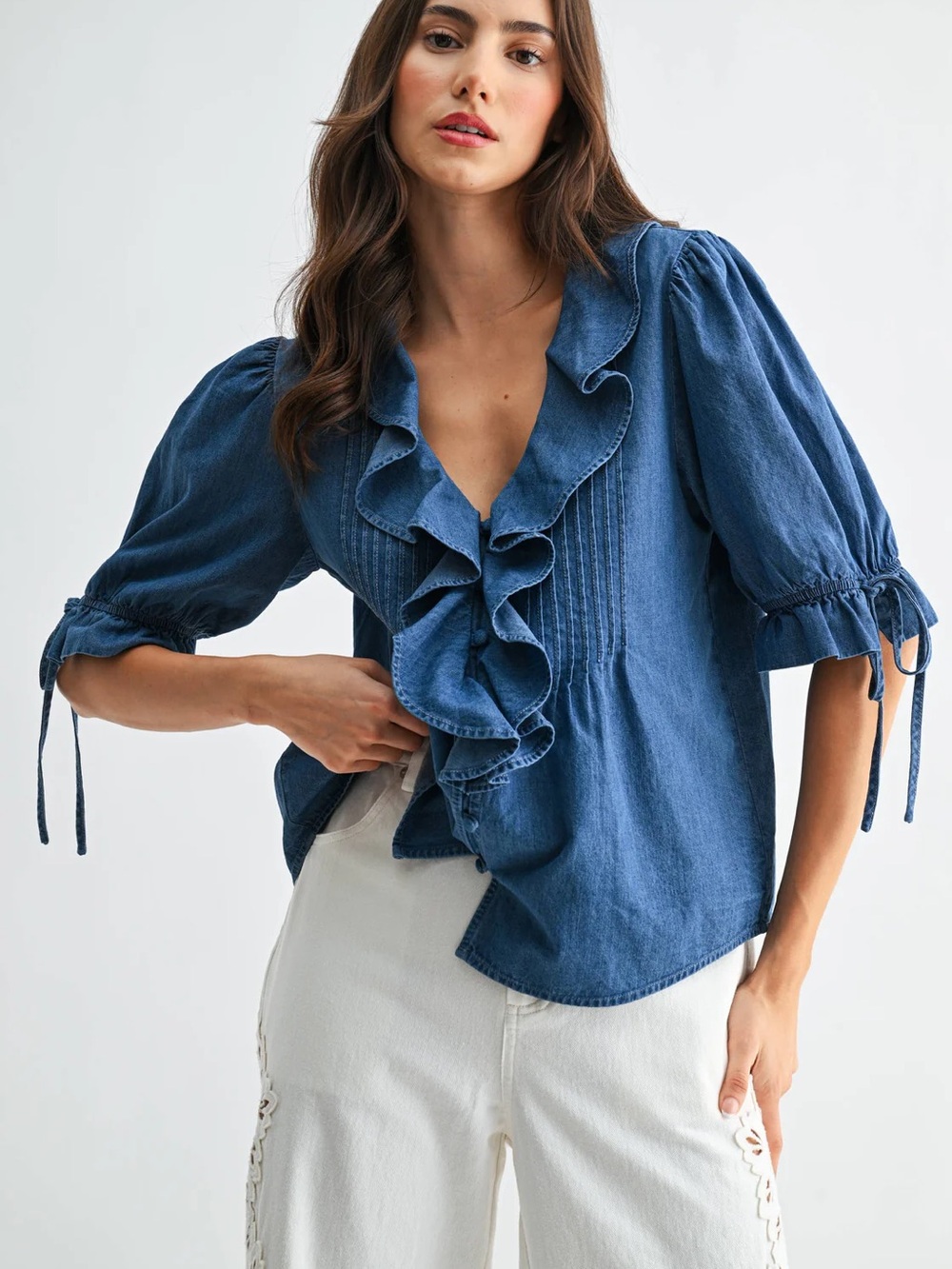 Washed Blue Ruffle Denim Blouse with Pintuck Detail
